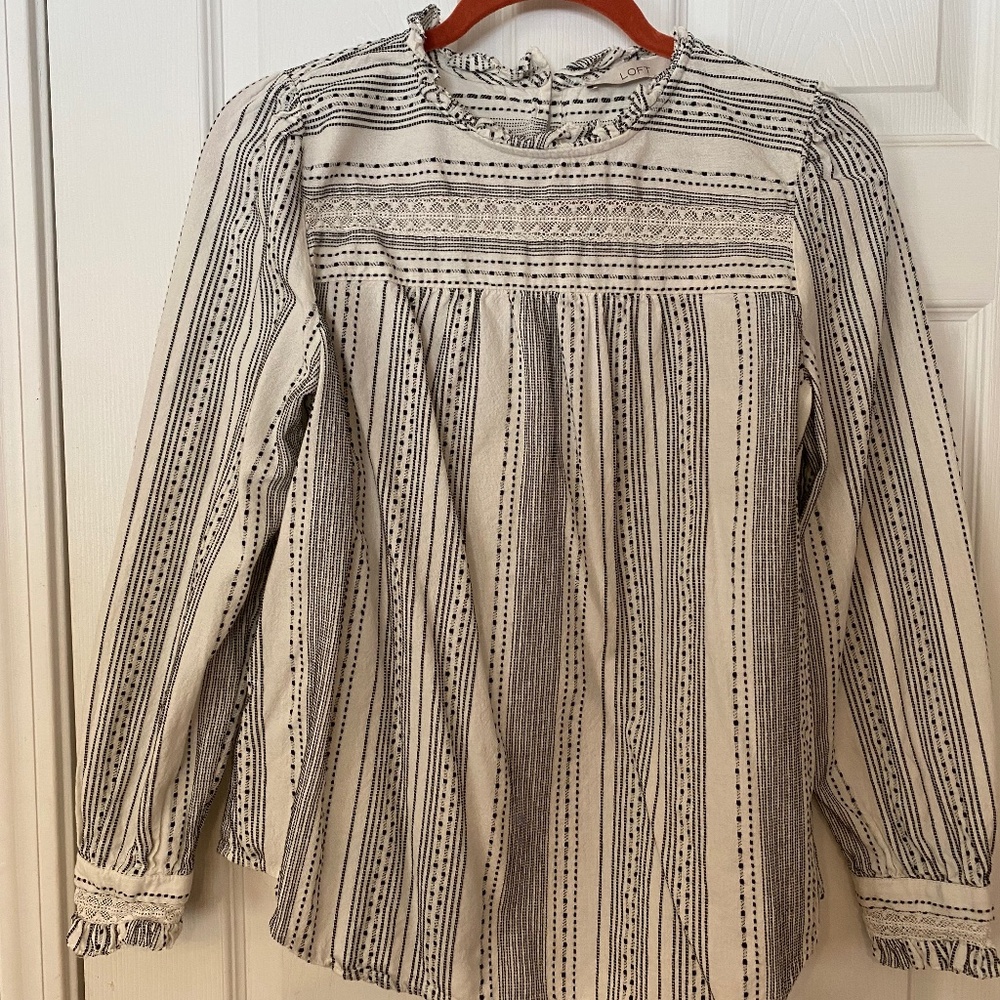 LOFT Medium Black & White Long Sleeve 100% Cotton Blouse